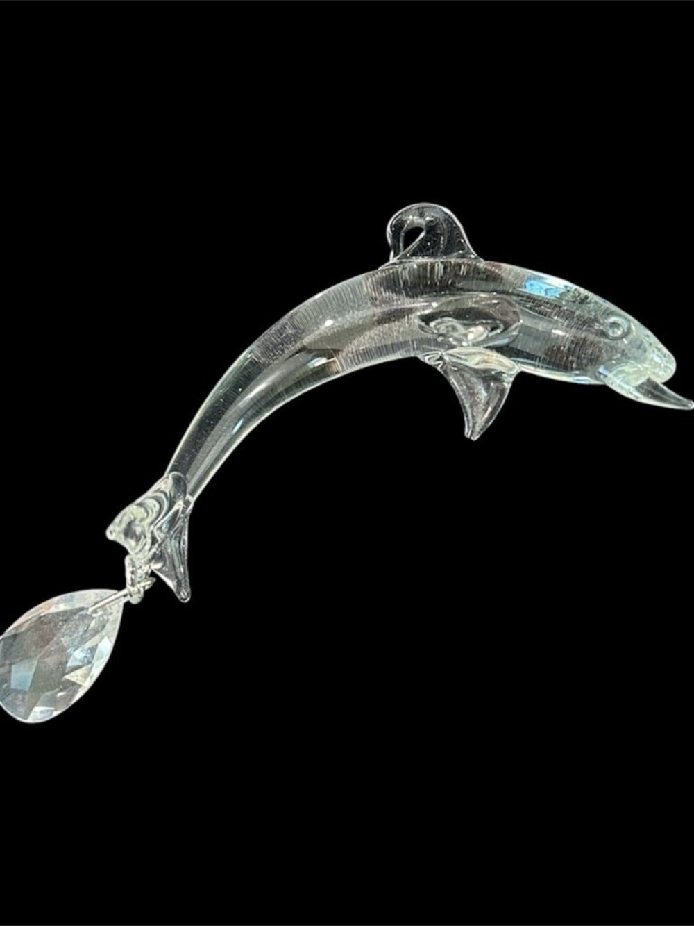 Vintage Clear Glass Leaping Dolphin Suncatcher Hanging Prism Ornament 4”